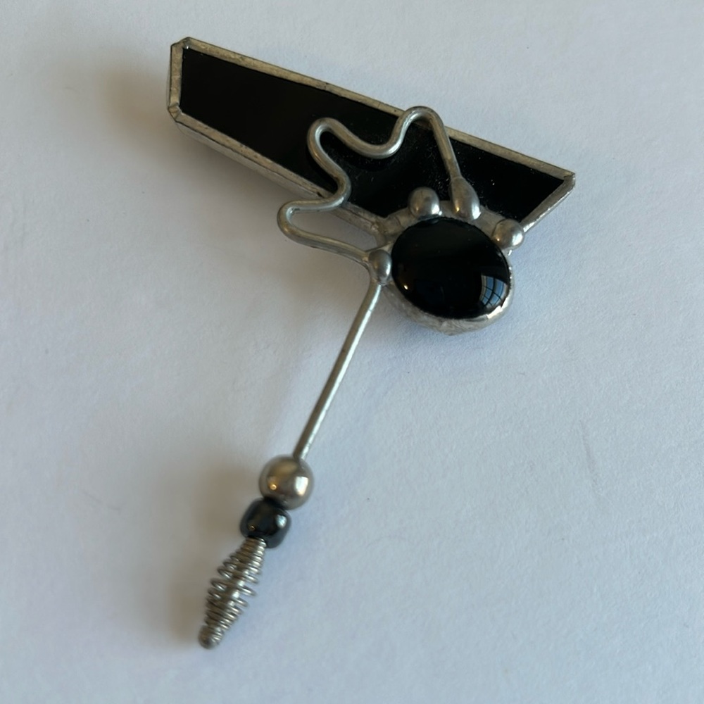 Handmade Abstract Stained Glass Black & Silver Pin
